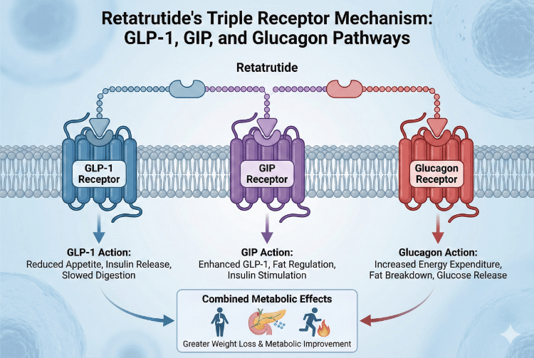 [Infographic: Triple Receptor Mechanism - showing GLP-1, GIP, and Glucagon receptors]
